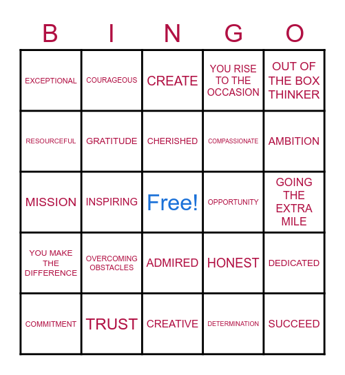 Employee Recognition Bingo Card