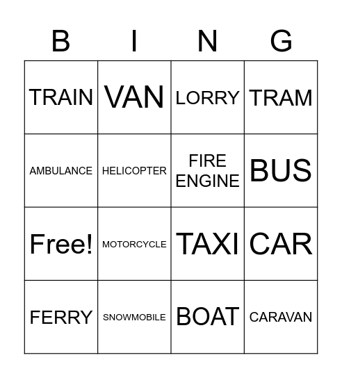 TRANSPORT Bingo Card