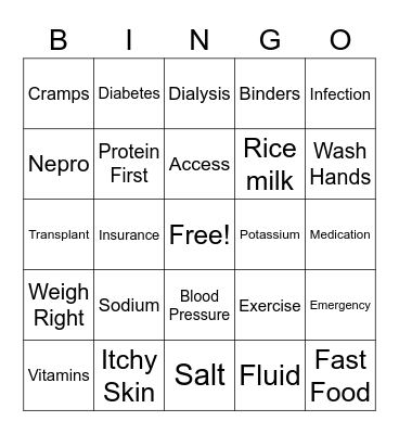 Dialysis Bingo Card