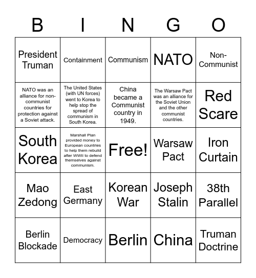1940s-1950s Cold War Review Bingo Card