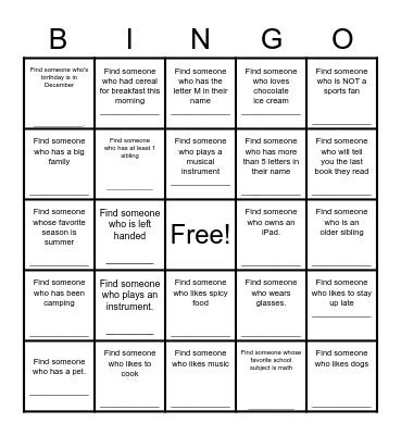 Find a Friend Bingo Card