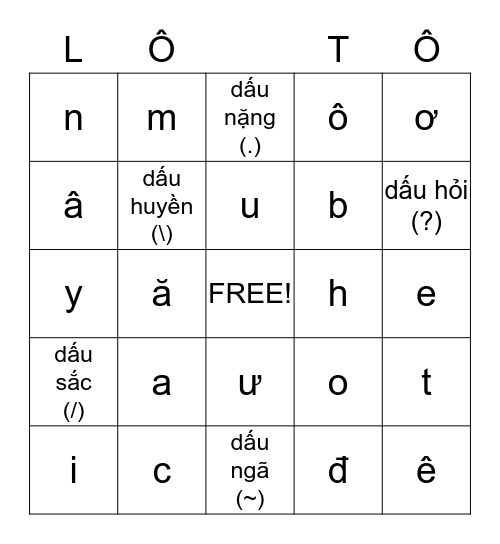 Bingo LỚP 1-3 Bingo Card