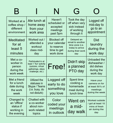 Hybrid Work Environment Bingo Card