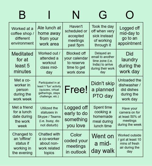 Hybrid Work Environment Bingo Card