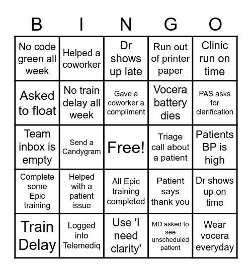 Nurse and Healthcare Week Bingo Card