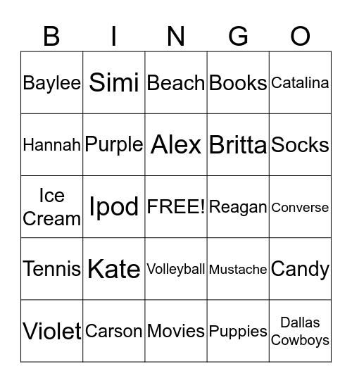 Violet's Birthday Bingo Card