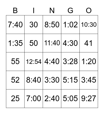 Elapsed Time Bingo Card