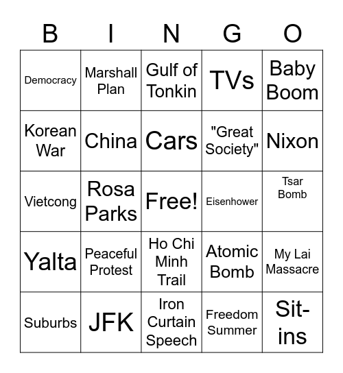 Unit 7 Cold War/Civil Rights/Vietnam Bingo Card