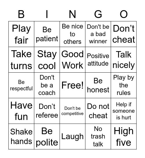 Sportsmanship Bingo Card