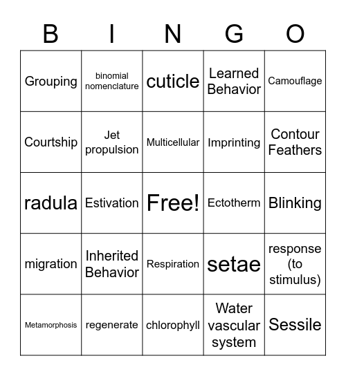 Living Organism Bingo Card