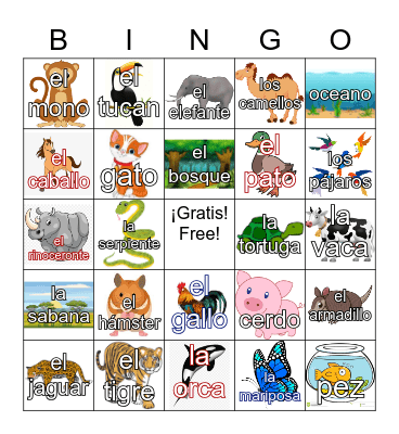 Los Animales, Mascotas, y Hábitats Bingo Card