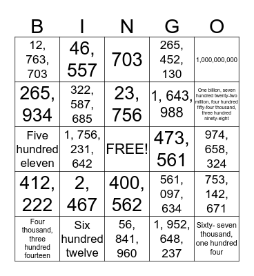 Place Value Bingo Card