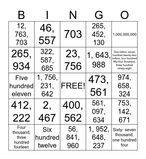 Place Value Bingo Card