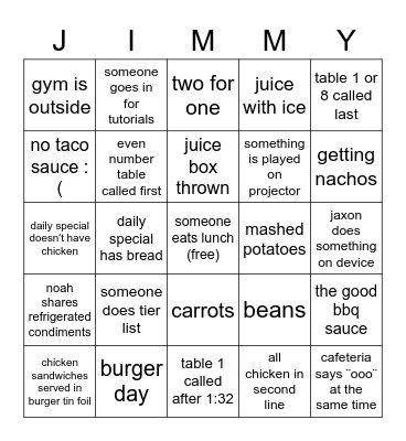 lunch bingo Card