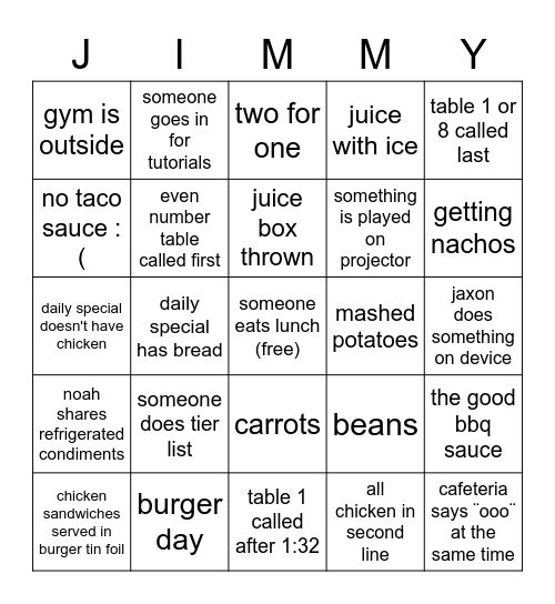 lunch bingo Card