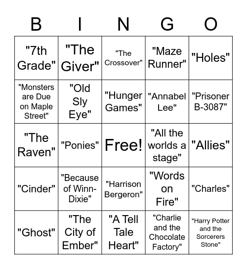 7th Literature Bingo Card