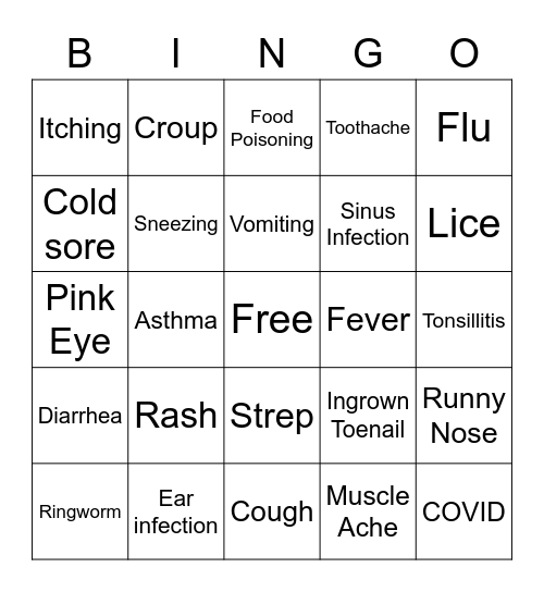 School Illness Bingo Card