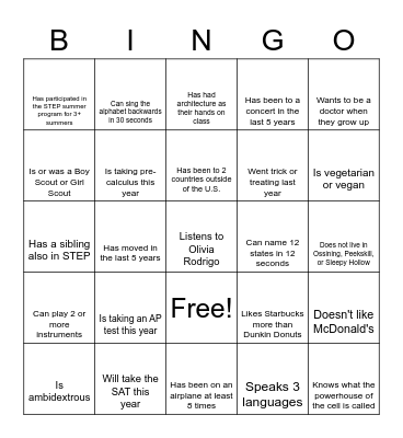STEP Saturday BINGO Card