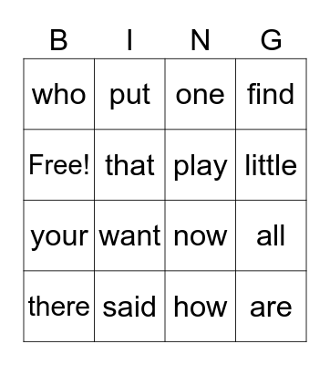 Sight Words Bingo Card