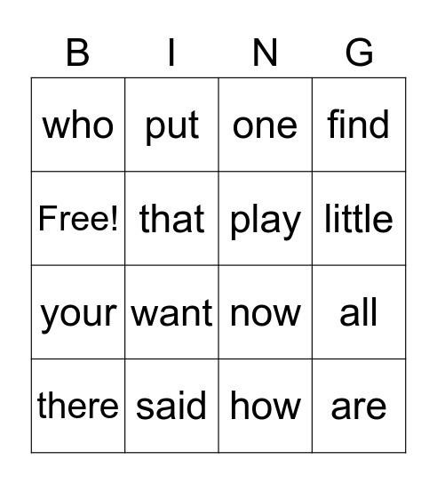 Sight Words Bingo Card