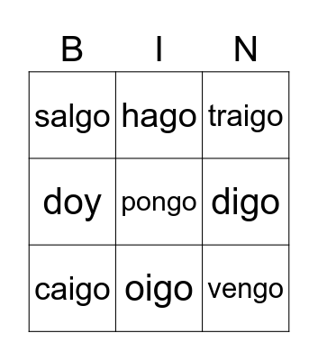 Spanish Go Go Verbs Bingo Card