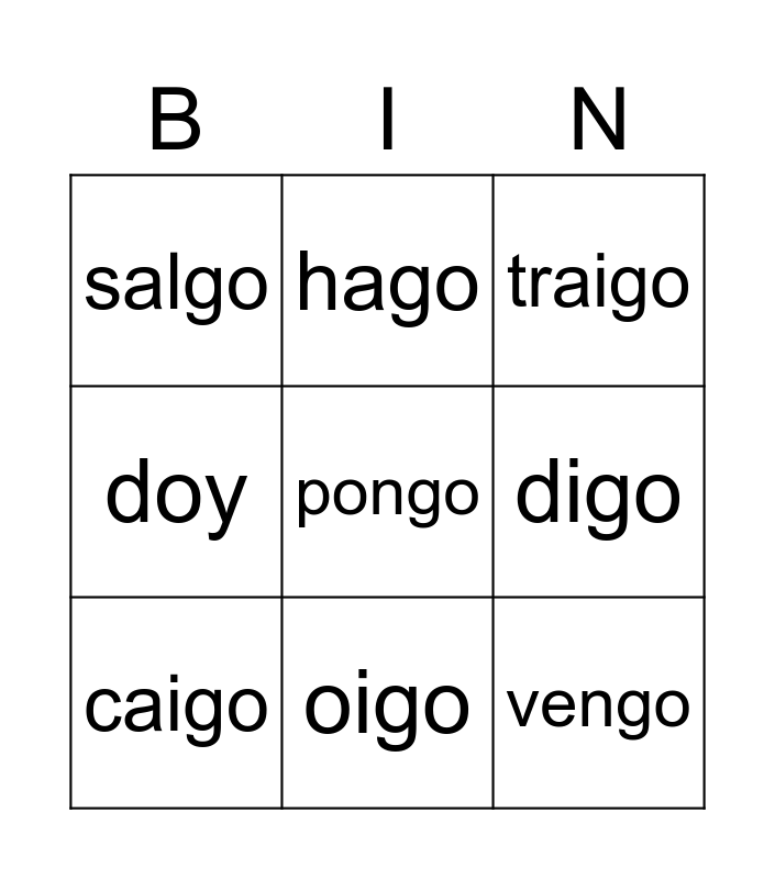 Spanish Go Go Verbs Bingo Card