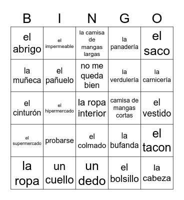 La ropa, el cuerpo, las tiendas Bingo Card