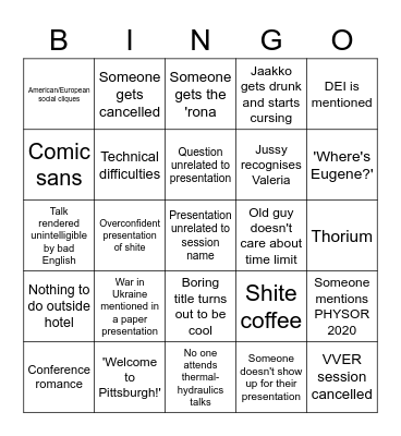 PHYSOR 2022 Bingo Card