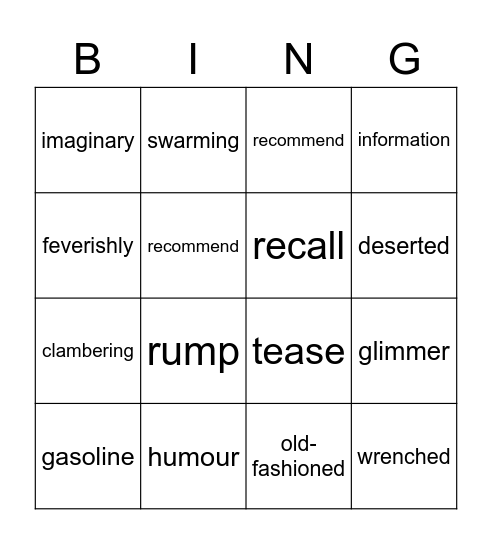 Vocabulary Bingo Card