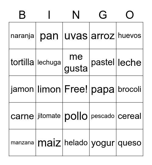 La Comida Bingo Card