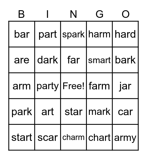 Word Part:  ar Bingo Card