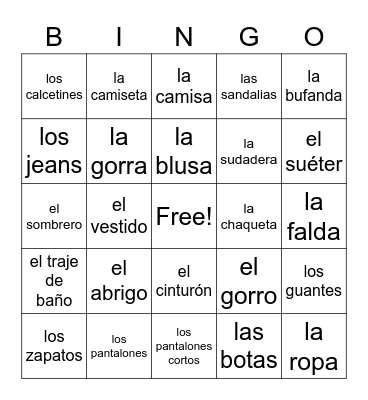 Clothing Bingo Card