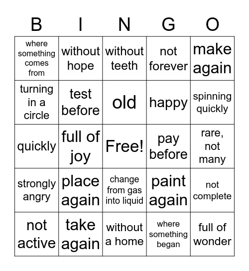 4th Grade Vocabulary Definitions Bingo Card