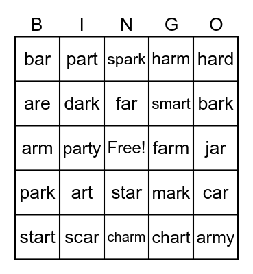 Word Part:  ar Bingo Card