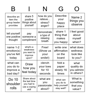 Keeping Healthy Bingo Card