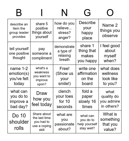 Keeping Healthy Bingo Card