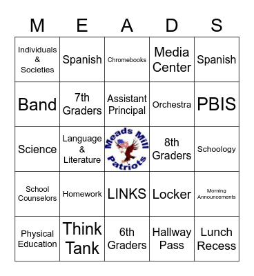 Meads Mill Middle School Bingo Card
