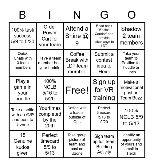 May Contest 5/9 to 5/20 Bingo Card