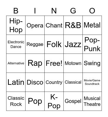 Music Genre Bingo Card