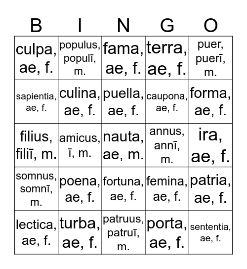 Latin III/IV Noun Review Bingo: 1st and 2nd Decl. Bingo Card