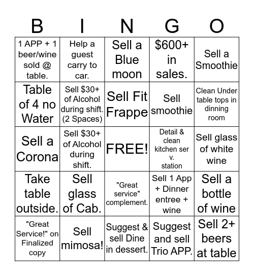 Baker's Bingo Card
