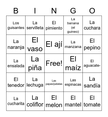 Frutas y verduras Bingo Card