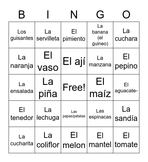 Frutas y verduras Bingo Card