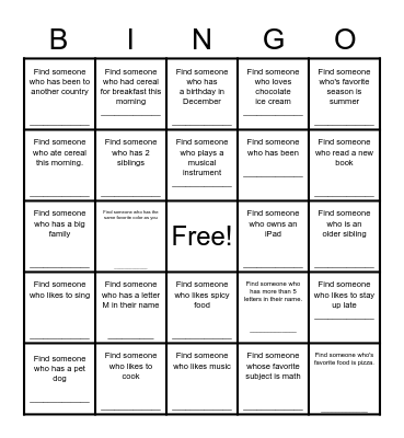 Find a Friend Bingo Card