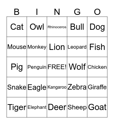 Animal Bingo Card