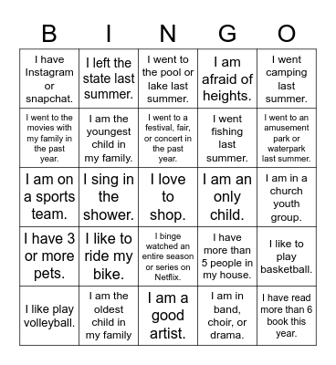 Scavenger Hunt Bingo Card