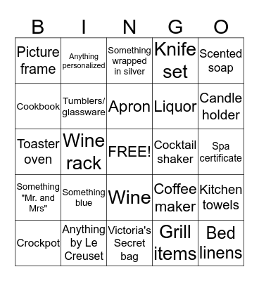 Bridal Bingo Card