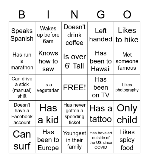 ICEBREAKER Bingo Card