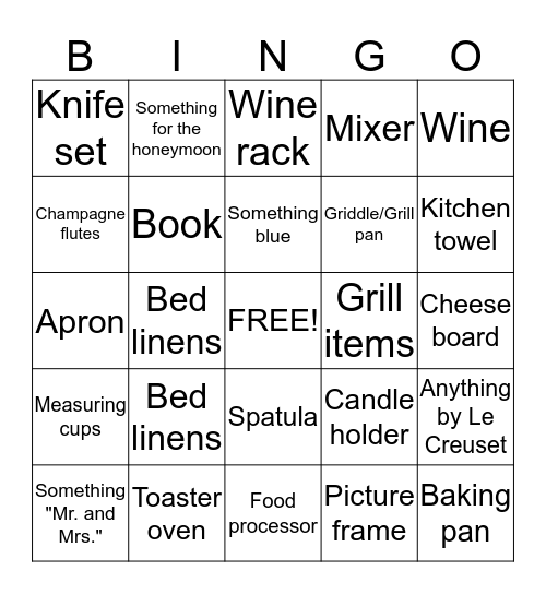 Bridal Bingo Card