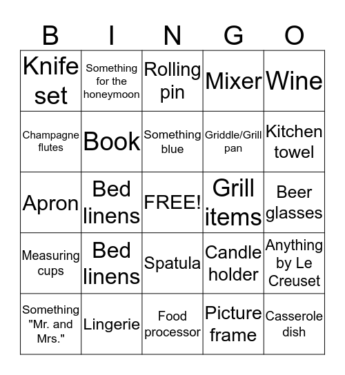 Bridal Bingo Card